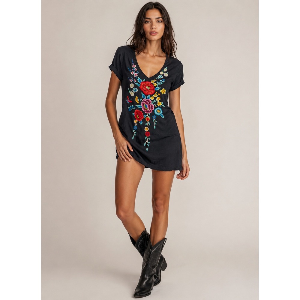 Johnny Was LA T-Shirt Dress Womens XS Black Floral Embroidered V-Neck Cotton